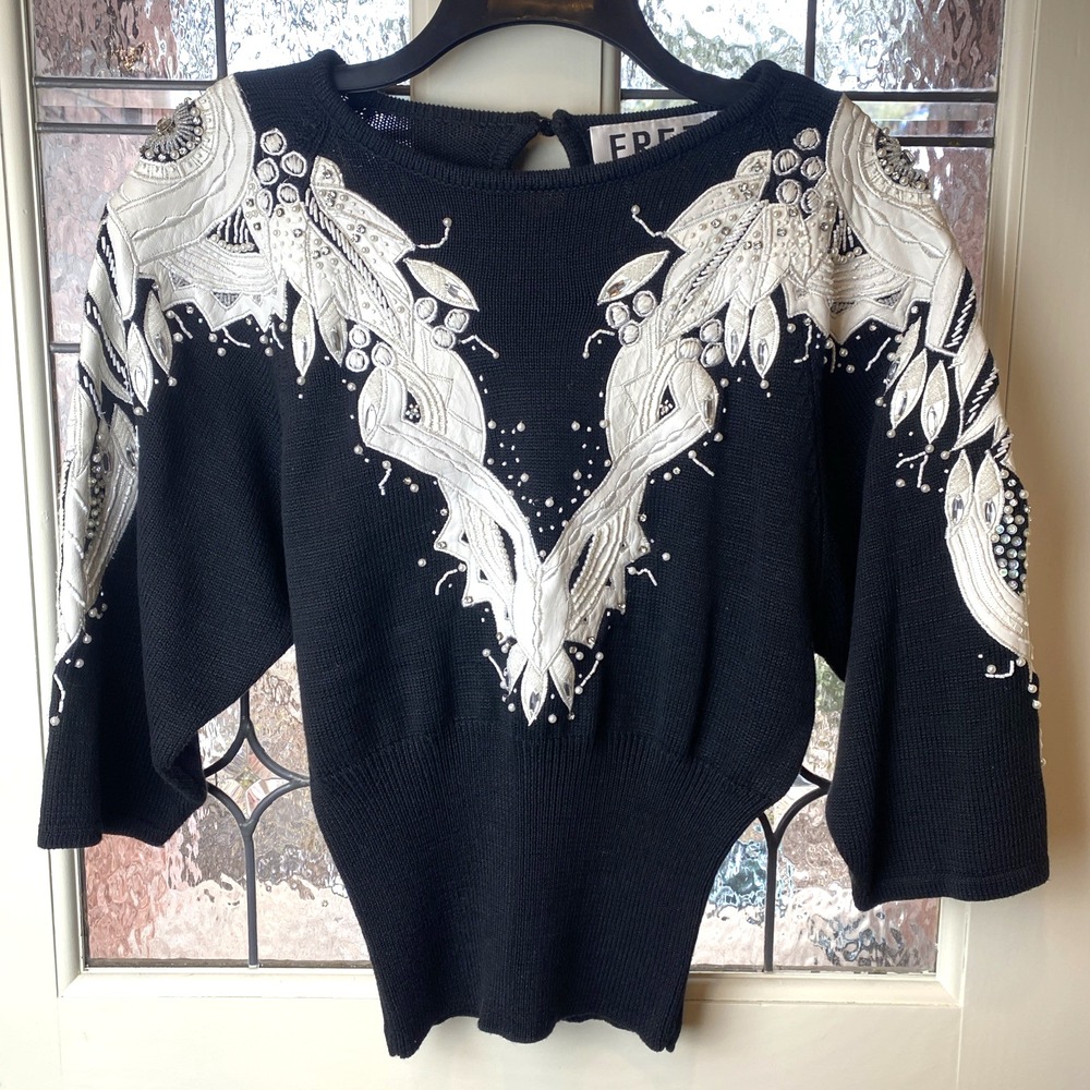 Vtg Erez Womens Blk/White Sweater Holiday Old Money Leather & Snake Skin sz S
